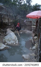 Bandung, Indonesia - Aug 11 2022 : Natural Sulphur Mud Bath In Kawah Rengganis National Park