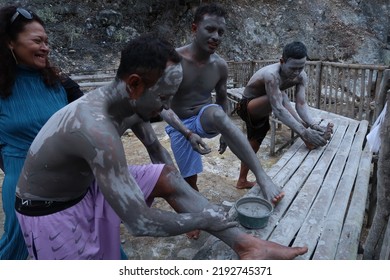 Bandung, Indonesia - Aug 11 2022 : Natural Sulphur Mud Bath In Kawah Rengganis National Park