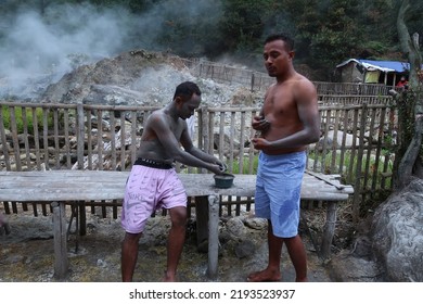 Bandung, Indonesia - Aug 11 2022 : Natural Sulphur Mud Bath In Kawah Rengganis National Park