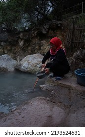 Bandung, Indonesia - Aug 11 2022 : Natural Sulphur Mud Bath In Kawah Rengganis National Park