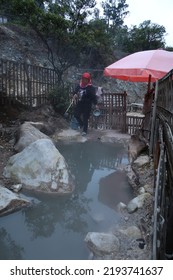 Bandung, Indonesia - Aug 11 2022 : Natural Sulphur Mud Bath In Kawah Rengganis National Park