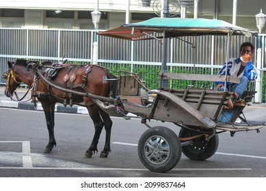 Bandung, Indonesia, December 15, 2021. A wagon coachman waits for a customer. A wagon is a traditional wheeled transportation vehicle that does not use an engine but uses a horse instead.