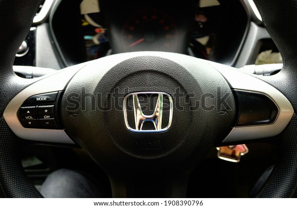 Bandung, Indonesia - January 28, 2021: Steering
wheel with Honda logo.