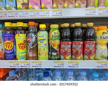 Bandung, Indonesia - July 30th, 2021: Seen some fresh drinks on the shelves at the convenience store.