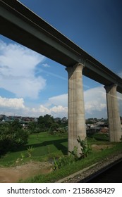Bandung, Indonesia - March 27 2022 : Concrete column in construction of Indonesia first high speed bullet train railway or Kereta Cepat Indonesia Cina