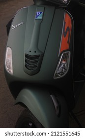 BANDUNG, INDONESIA - MAY 14th, 2021 - Green Army Vespa S 125 CloseUp