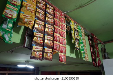 BANDUNG, INDONESIA - November 10th, 2021: Some instant drinks in sachets are sold at a warung in the Ranca Upas area, Bandung, West Java.