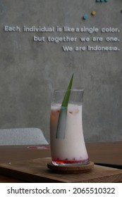 bandung, indonesia on oct 25, 2021: defocused. soft drink on the table in the hotel cafe in the afternoon. selective focus
