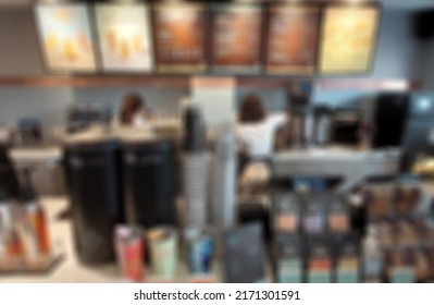 BANDUNG, June 14 , 2022.  Blurred Photo Of A Coffee Shop In The City Of Bandung. Illustration Of Coffee Shop, Cafe, Tourism.