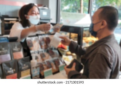 BANDUNG, June 14 , 2022.  Blurred Photo Of A Coffee Shop In The City Of Bandung. Illustration Of Coffee Shop, Cafe, Tourism.