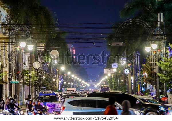 Bandung, West Java / Indonesia - August 25th\
2018: Night Traffic in\
Bandung