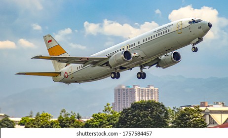 Bandung, West Java / Indonesia - January 18th, 2019: Indonesia Air Force Boeing 737-400 Classic (reg. A-7306) Leaving Husein Sastranegara International Airport.