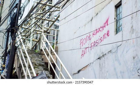 Bandung, West Java, Indonesia - November 26, 2017:  A Building With A Political Message. Translation: People Front; Anti Fascism