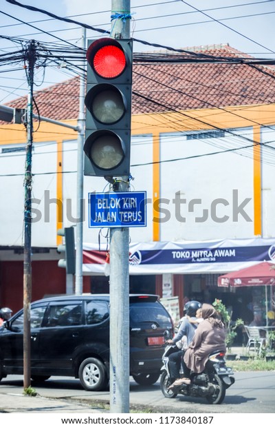 Bandung, West Java / Indonesia - September 1st,\
2018: Red Light on Traffic\
Light