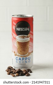 Bandung,Indonesia April03-2022:coffee drink with cappuccino flavor served in a practical tin bottle,soft focus texture