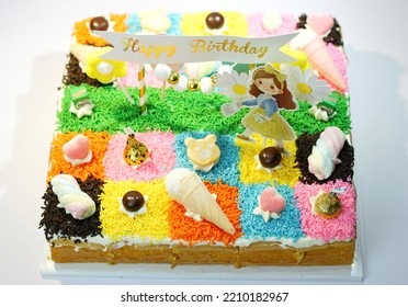 Bandung,indonesia-september 2022-colorful Sweet Tart With Cream, Marshmelow, Chocolate, Candy For A Child's Birthday. Birthday Cake. Delicious Cake. Homemade Cake