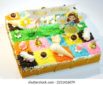 Bandung,indonesia-september 2022-colorful Sweet Tart With Cream, Marshmelow, Chocolate, Candy For A Child's Birthday. Birthday Cake. Delicious Cake. Homemade Cake