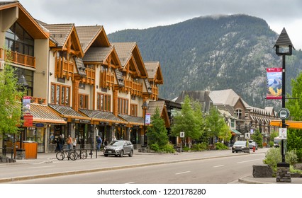 BANFF, AB, CANADA - JUNE 2018: Shops On One Of The Main Streets In Banff Town Centre.