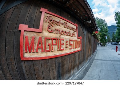 Banff, Alberta, Canada - July 10, 2022: Fisheye View The Sign For Magpie And Stump Food And Beverage Emporium