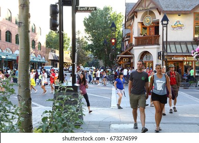 Banff. Alberta. Canada. July 2 2017.  Visitors were walking and shopping at Banff's main avenue.