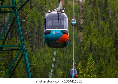 Banff, Alberta, Canada -May 29, 2018: Closeup Of Ski Lift, Observation Gondola.  Also Known As An Overhead Cable Car.