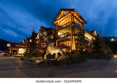 Banff, Alberta Canada - May 31, 2022: Moose Statue In Downtown Banff Outside A Lodge Hotel