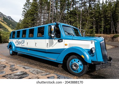 Banff, Alberta, Canada - Sep,15,2021 : Open Top Tour in the Rockies. Vintage Tours with a Modern Twist.  wonderful experience for tourists to know the Rockies from a local aspect.