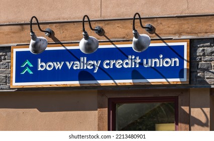 Banff, Alberta, Canada September 20, 2022 The Bow Valley Credit Union Sign On The Outside If It's Building On A Late, Sunny Summer Day