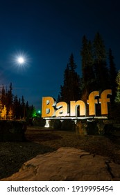 Banff, Canada - SEP 30 2020 : Banff Town Sign In Summer Night. Banff National Park, Canadian Rockies.