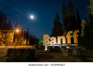 Banff, Canada - SEP 30 2020 : Banff Town Sign In Summer Night. Banff National Park, Canadian Rockies.