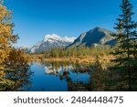 Banff National Park autumn foliage scenery. Alberta, Canada. Vermilion Lakes, Mount Rundle. Canadian Rockies.