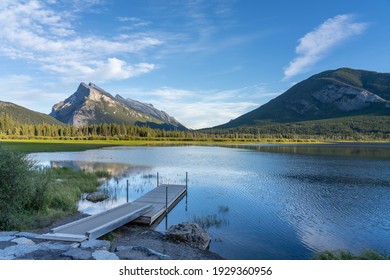 Banff National Park Beautiful Landscape, Vermilion Lakes Viewpoint In Summer Time. Canadian Rockies, Alberta, Canada.