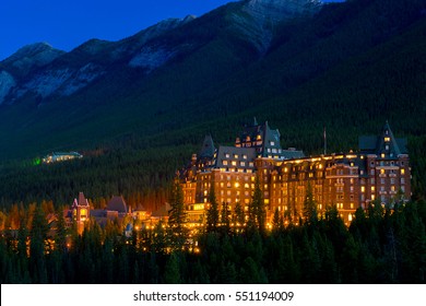 Banff Springs Hotel at night in the Canadian Rockies, Banff national Park, Alberta, Canada