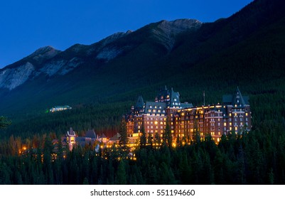 Banff Springs Hotel at night in the Canadian Rockies, Banff national Park, Alberta, Canada