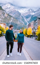 Banff Village In Banff National Park Canada Canadian Rockies, Couple On Vacation In Canada