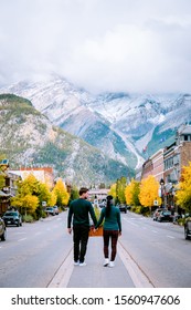 Banff Village In Banff National Park Canada Canadian Rockies, Couple On Vacation In Canada