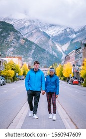 Banff Village In Banff National Park Canada Canadian Rockies, Couple On Vacation In Canada