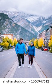 Banff Village In Banff National Park Canada Canadian Rockies, Couple On Vacation In Canada