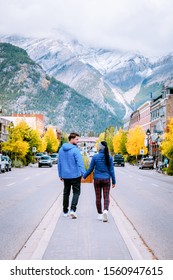 Banff Village In Banff National Park Canada Canadian Rockies, Couple On Vacation In Canada