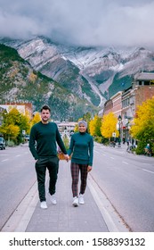 Banff Village In Banff National Park Canada Canadian Rockies, Couple On Vacation In Canada