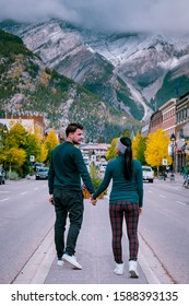 Banff Village In Banff National Park Canada Canadian Rockies, Couple On Vacation In Canada