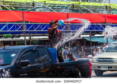 BANG NIANG, THAILAND - APRIL 13, 2018:  Several Thai people celebrating the new year Songkran water festival