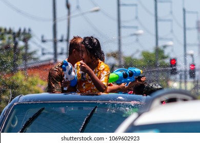 BANG NIANG, THAILAND - APRIL 13, 2018:  Several Thai people celebrating the new year Songkran water festival