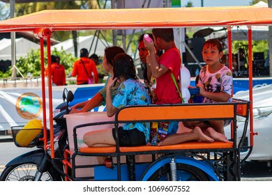BANG NIANG, THAILAND - APRIL 13, 2018:  A group of Thai children celebrating the Songkran water festival