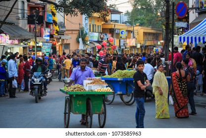 BANGALORE, BENGALURU, KARNATAKA, INDIA, FEBRUARY 18, 2018: A Busy Evening From Food Street Bangalore, Bengaluru, Karnataka, INDIA