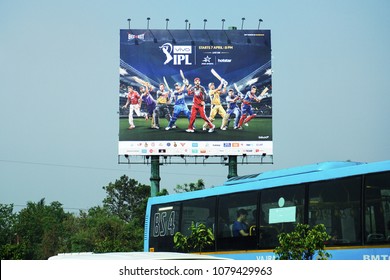 BANGALORE, KARNATAKA, INDIA, APRIL 22, 2018: Bengaluru City - Advertisement Of The Indian Premier League (IPL), A Professional Twenty20 Cricket League On The Highway, Against Blue Sky. Flex Board.