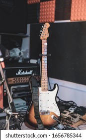 Bangalore, Karnataka / India - February 22, 2020: Fender Stratocaster in a jam room