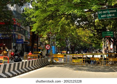 Bangalore, Karnataka, India - June 01 2021: Bangalore Police At A Barricaded Junction During The Nation Wide Lockdown.