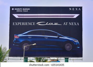 BANGALORE, KARNATAKA, INDIA, MAY 03, 2017: Hoardings In India. Advertisement Of A New Model Of The Car Ciaz Nexa Of Maruti Suzuki. Atmanirbhar Bharat. Make In India.