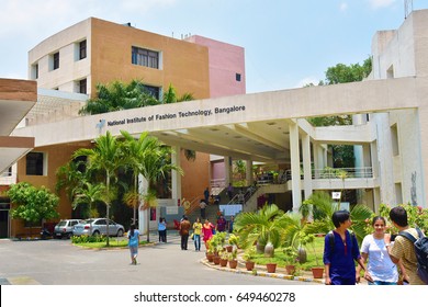 BANGALORE, KARNATAKA, INDIA, MAY 04, 2017: Facade Of National Institute Of Fashion Technology, NIFT, Bengaluru. Students In Front Of The Main Building.